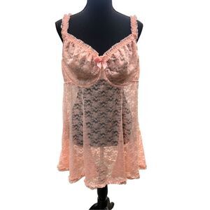 Torrid Plus 2xl Pink Lace Underwire Babydoll Lingerie Chemise Semi Sheer Ruffle
